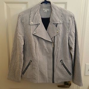 Seersucker moto jacket with silver tone zips